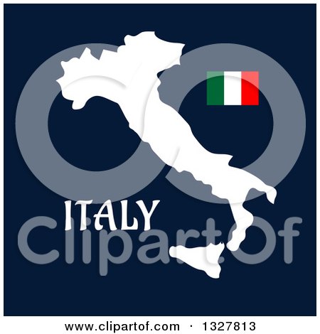Clipart of a Flat Design White Italy Map, Flag and Text on Blue - Royalty Free Vector Illustration by Vector Tradition SM
