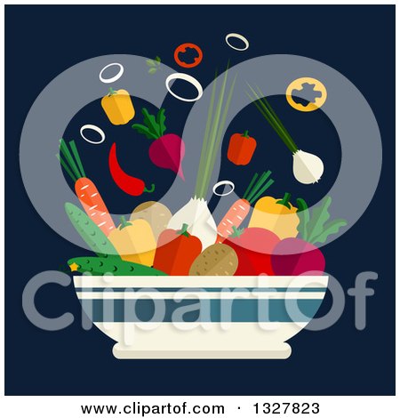 Clipart of a Flat Design Bowl of Veggies over Blue - Royalty Free Vector Illustration by Vector Tradition SM