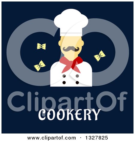 Clipart of a Flat Design Male Chef with Bowtie Pasta over Cookery Text on Blue - Royalty Free Vector Illustration by Vector Tradition SM
