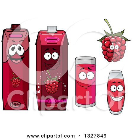 Clipart of a Happy Raspberry Character, Cups and Juice Cartons 3 - Royalty Free Vector Illustration by Vector Tradition SM