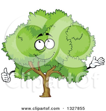 Clipart of a Cartoon Tree Character with a Lush, Green, Mature Canopy, Presenting and Giving a Thumb up - Royalty Free Vector Illustration by Vector Tradition SM