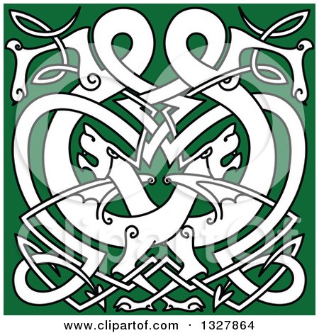 Clipart of a White Celtic Knot Dragons on Green 3 - Royalty Free Vector Illustration by Vector Tradition SM