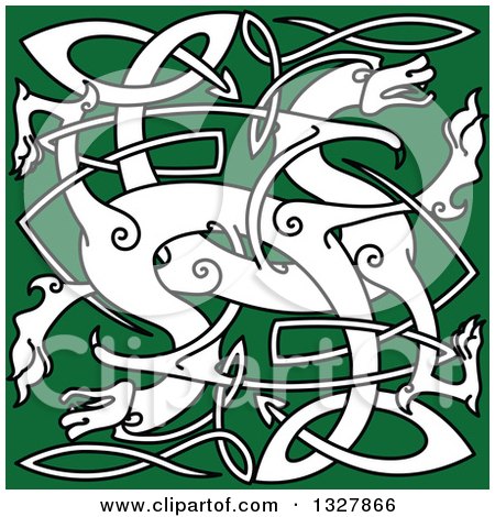 Clipart of a White Celtic Knot Dragons on Green 4 - Royalty Free Vector Illustration by Vector Tradition SM