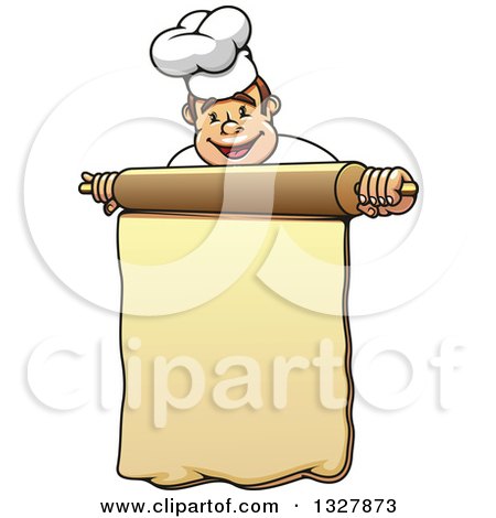 Clipart of a Cartoon Happy White Male Chef Holding a Rolling Pin Menu - Royalty Free Vector Illustration by Vector Tradition SM