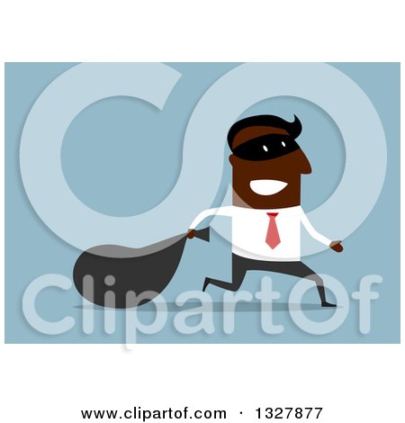 Clipart of a Flat Modern Design Styled Black Businessman Robber Running with a Sack, over Blue - Royalty Free Vector Illustration by Vector Tradition SM