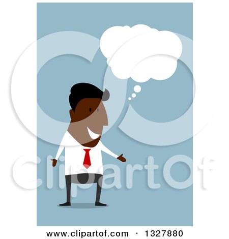 Clipart of a Flat Design Black Businessman Thinking, over Blue - Royalty Free Vector Illustration by Vector Tradition SM