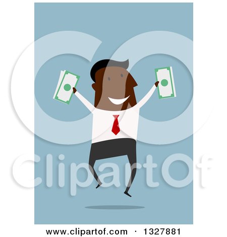 Clipart of a Flat Design Black Businessman Jumping with Cash Money, over Blue - Royalty Free Vector Illustration by Vector Tradition SM