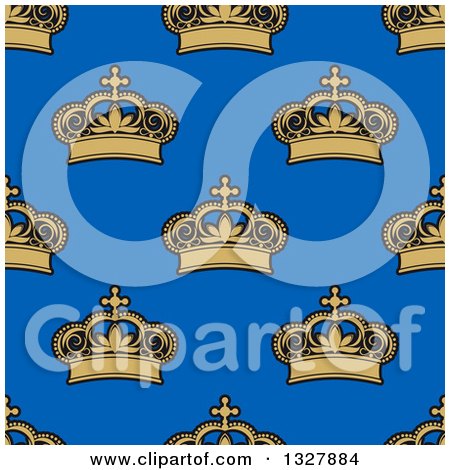 Clipart of a Seamless Pattern Background of Gold Crowns on Blue 2 - Royalty Free Vector Illustration by Vector Tradition SM