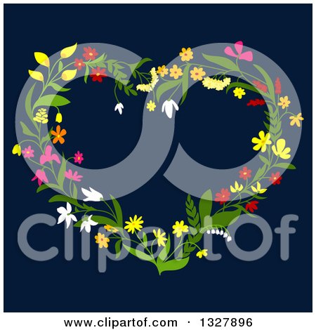 Clipart of a Floral Heart Shaped Wreath on Navy Blue 2 - Royalty Free Vector Illustration by Vector Tradition SM