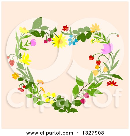 Clipart of a Floral Heart Shaped Wreath on Beige 2 - Royalty Free Vector Illustration by Vector Tradition SM