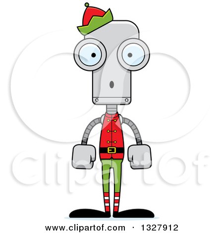 Clipart of a Cartoon Skinny Surprised Robot Christmas Elf - Royalty Free Vector Illustration by Cory Thoman