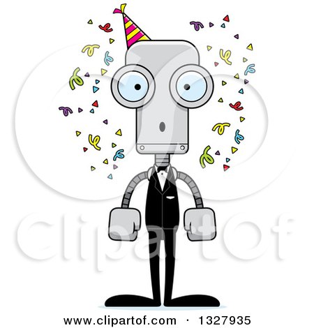 Clipart of a Cartoon Skinny Surprised Party Robot - Royalty Free Vector Illustration by Cory Thoman