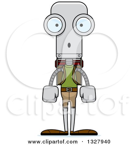 Clipart of a Cartoon Skinny Surprised Robot Hiker - Royalty Free Vector Illustration by Cory Thoman