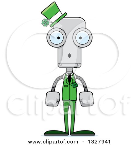 Clipart of a Cartoon Skinny Surprised St Patricks Day Robot - Royalty Free Vector Illustration by Cory Thoman