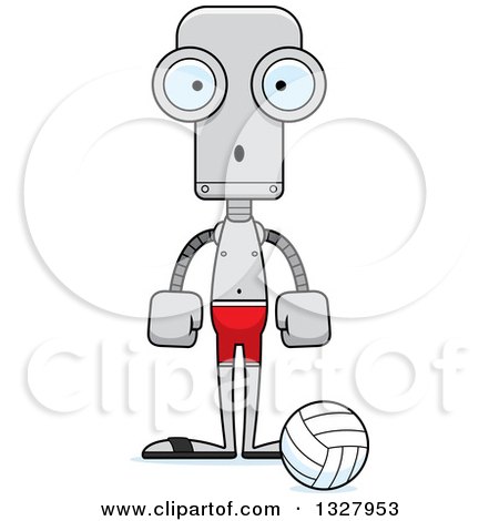 Clipart of a Cartoon Skinny Surprised Robot Beach Volleyball Player - Royalty Free Vector Illustration by Cory Thoman
