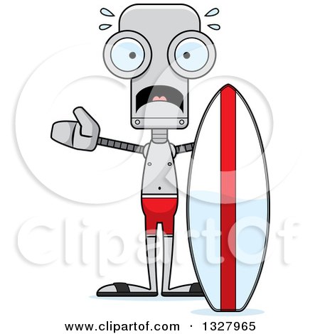 Clipart of a Cartoon Skinny Scared Robot Surfer - Royalty Free Vector Illustration by Cory Thoman