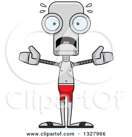 Clipart of a Cartoon Skinny Scared Robot Swimmer - Royalty Free Vector Illustration by Cory Thoman