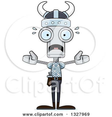Clipart of a Cartoon Skinny Scared Viking Robot - Royalty Free Vector Illustration by Cory Thoman