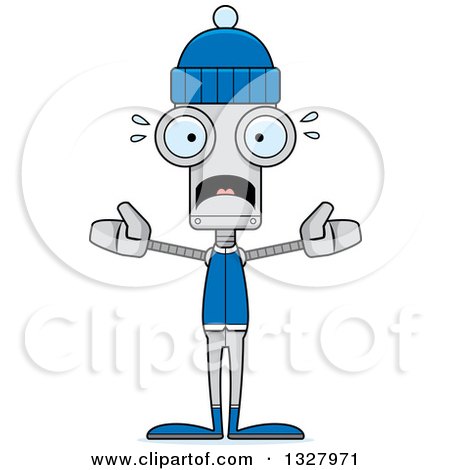Clipart of a Cartoon Skinny Scared Winter Robot - Royalty Free Vector Illustration by Cory Thoman