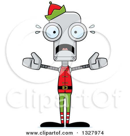 Clipart of a Cartoon Skinny Scared Robot Christmas Elf - Royalty Free Vector Illustration by Cory Thoman
