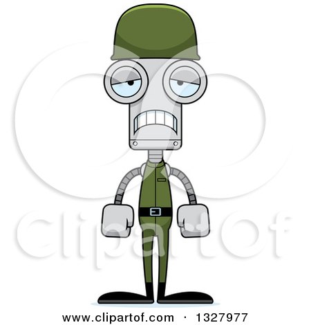 Clipart of a Cartoon Skinny Sad Soldier Robot - Royalty Free Vector Illustration by Cory Thoman