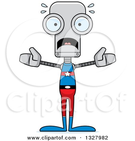 Clipart of a Cartoon Skinny Scared Super Hero Robot - Royalty Free Vector Illustration by Cory Thoman