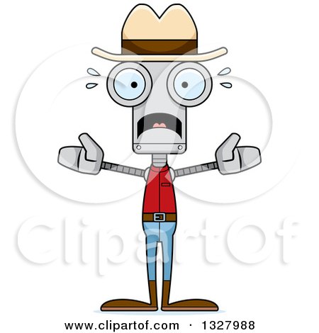 Clipart of a Cartoon Skinny Scared Robot Cowboy - Royalty Free Vector Illustration by Cory Thoman