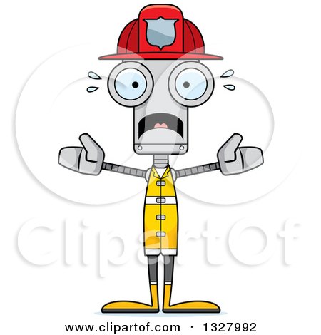 Clipart of a Cartoon Skinny Scared Robot Firefighter - Royalty Free Vector Illustration by Cory Thoman
