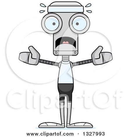 Clipart of a Cartoon Skinny Scared Fitness Robot - Royalty Free Vector Illustration by Cory Thoman