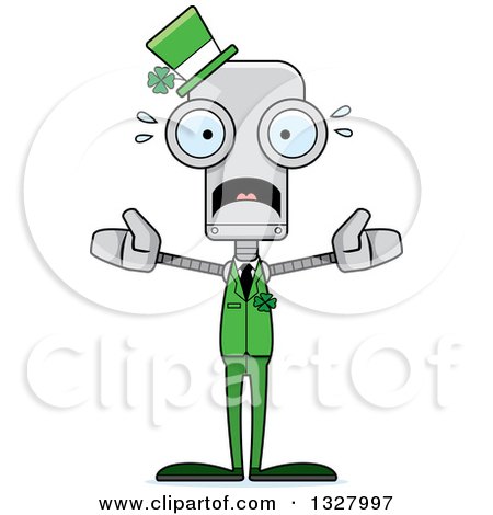 Clipart of a Cartoon Skinny Scared St Patricks Day Robot - Royalty Free Vector Illustration by Cory Thoman