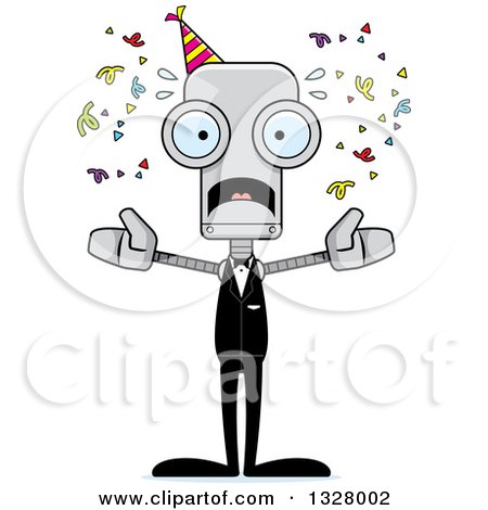 Clipart of a Cartoon Skinny Scared Party Robot - Royalty Free Vector Illustration by Cory Thoman