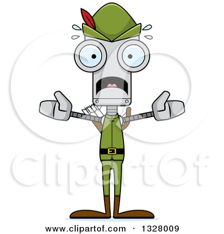Clipart of a Cartoon Skinny Scared Robin Hood Robot - Royalty Free Vector Illustration by Cory Thoman