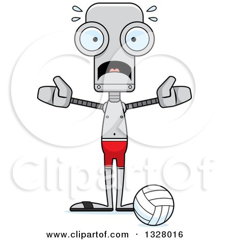 Clipart of a Cartoon Skinny Scared Robot Beach Volleyball Player - Royalty Free Vector Illustration by Cory Thoman