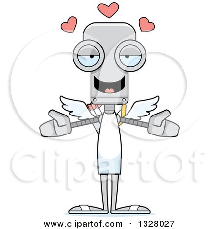 Clipart of a Cartoon Skinny Robot Cupid with Open Arms and Hearts - Royalty Free Vector Illustration by Cory Thoman