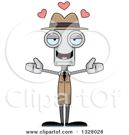 Clipart of a Cartoon Skinny Robot Detective with Open Arms and Hearts - Royalty Free Vector Illustration by Cory Thoman