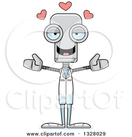 Clipart of a Cartoon Skinny Robot Doctor with Open Arms and Hearts - Royalty Free Vector Illustration by Cory Thoman