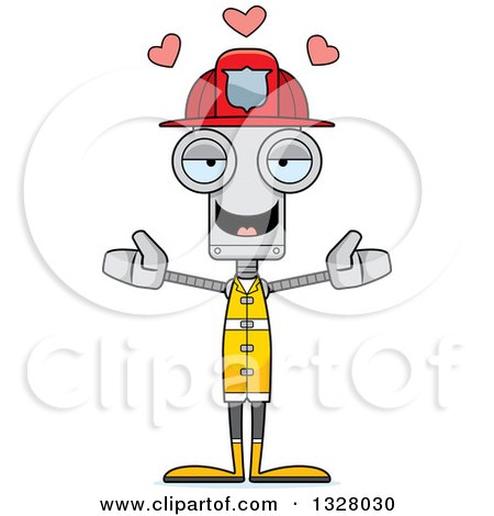 Clipart of a Cartoon Skinny Robot Firefighter with Open Arms and Hearts - Royalty Free Vector Illustration by Cory Thoman