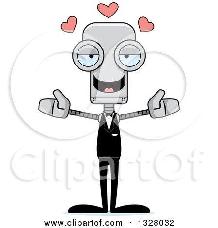 Clipart of a Cartoon Skinny Groom Robot with Open Arms and Hearts - Royalty Free Vector Illustration by Cory Thoman