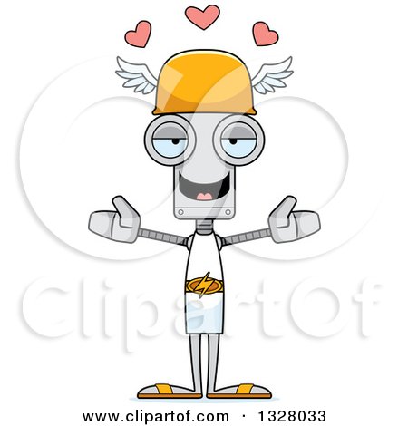Clipart of a Cartoon Skinny Hermes Robot with Open Arms and Hearts - Royalty Free Vector Illustration by Cory Thoman