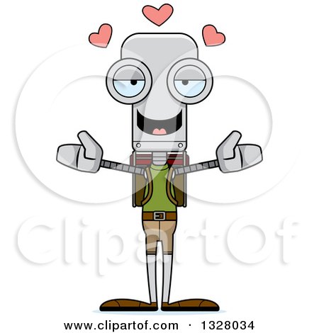 Clipart of a Cartoon Skinny Hiker Robot with Open Arms and Hearts - Royalty Free Vector Illustration by Cory Thoman