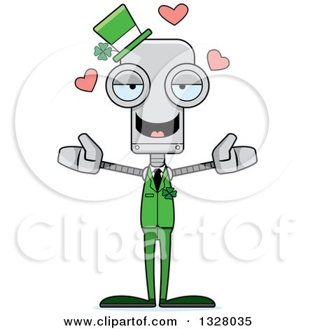 Clipart of a Cartoon Skinny Irish St Patricks Day Robot with Open Arms and Hearts - Royalty Free Vector Illustration by Cory Thoman