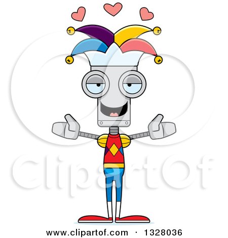 Clipart of a Cartoon Skinny Jester Robot with Open Arms and Hearts - Royalty Free Vector Illustration by Cory Thoman