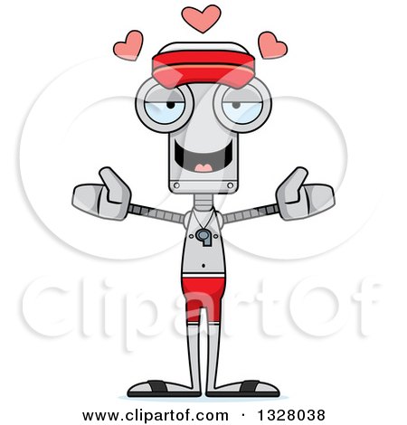Clipart of a Cartoon Skinny Robot Lifeguard with Open Arms and Hearts - Royalty Free Vector Illustration by Cory Thoman