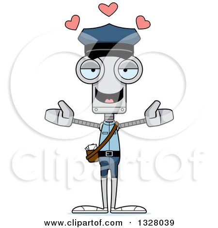 Clipart of a Cartoon Skinny Mailman Robot with Open Arms and Hearts - Royalty Free Vector Illustration by Cory Thoman