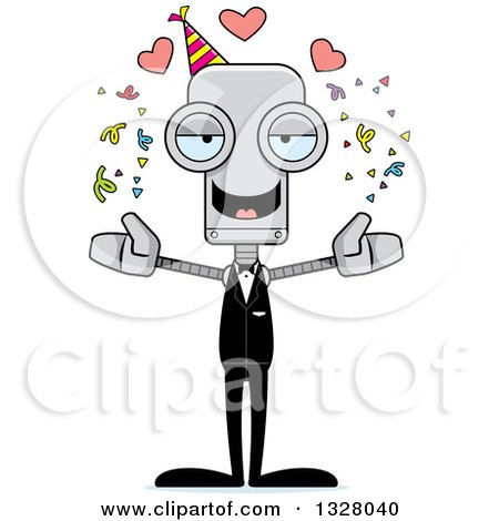 Clipart of a Cartoon Skinny Party Robot with Open Arms and Hearts - Royalty Free Vector Illustration by Cory Thoman