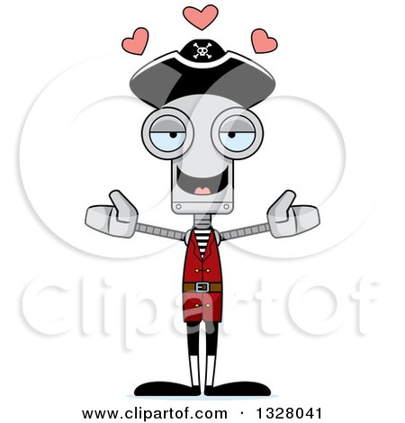 Clipart of a Cartoon Skinny Pirate Robot with Open Arms and Hearts - Royalty Free Vector Illustration by Cory Thoman