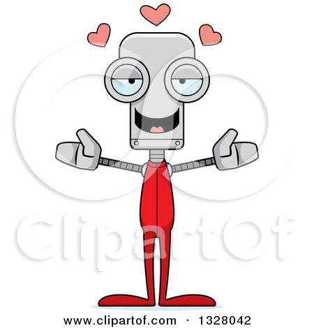 Clipart of a Cartoon Skinny Robot in Pajamas, with Open Arms and Hearts - Royalty Free Vector Illustration by Cory Thoman