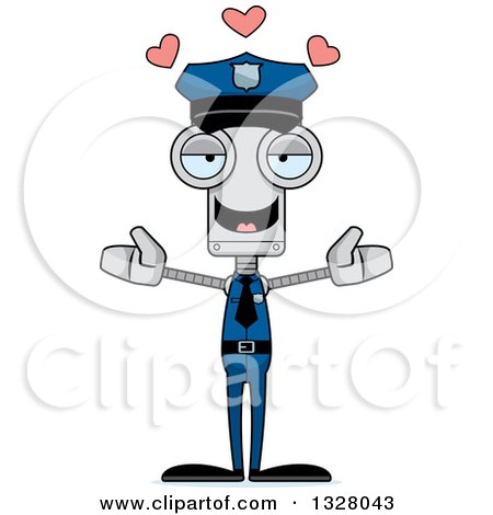 Clipart of a Cartoon Skinny Police Officer Robot with Open Arms and Hearts - Royalty Free Vector Illustration by Cory Thoman