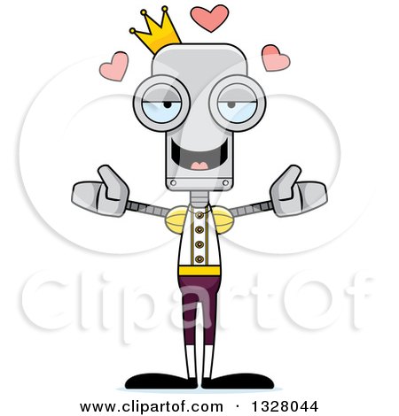 Clipart of a Cartoon Skinny Robot Prince with Open Arms and Hearts - Royalty Free Vector Illustration by Cory Thoman