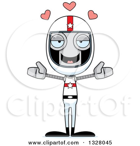 Clipart of a Cartoon Skinny Race Car Driver Robot with Open Arms and Hearts - Royalty Free Vector Illustration by Cory Thoman